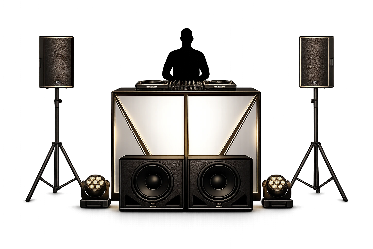 Audio Demon drum and bass DJ setup in Leeds with CDJs, mixer and two subwoofers