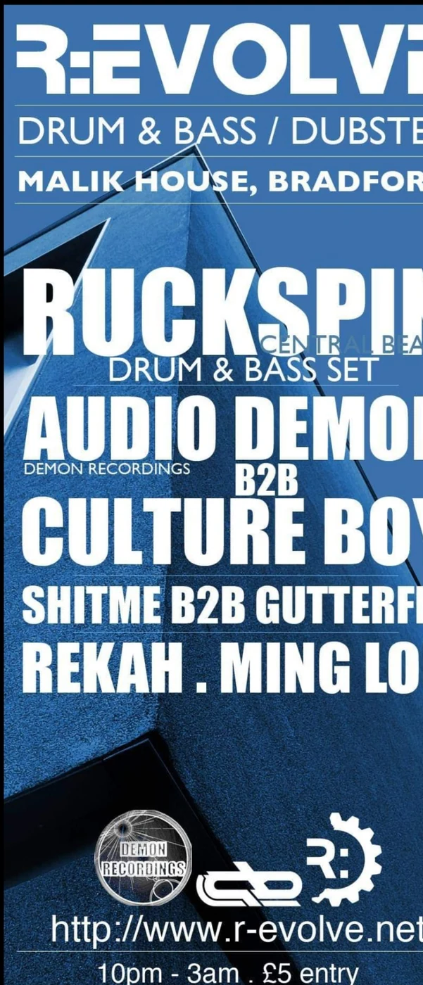 R:EVOLVE drum and bass flyer featuring Audio Demon at Malik House Bradford on 13 July 2013