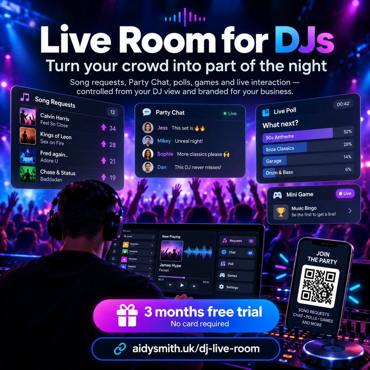 Live Room for DJs showing song requests, Party Chat, polls and interactive event features